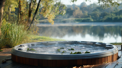 Fototapeta premium Hot tub set up by a lakeside in a tranquil forest setting with steam rising, creating a perfect place for nature-inspired relaxation and retreat themes.