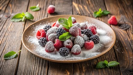 A rustic plate of sweet berries dusted with sugar and adorned with fresh mint leaves, resting upon a wooden surface. © Kukar Studio