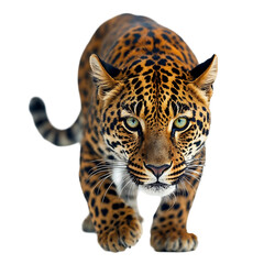 Obraz premium Majestic Leopard Stalking Forward Against a White Background