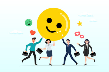 Employee satisfaction, workplace happiness or success team motivation, employee engagement or participation, feedback or company survey rating concept, business people employee with smile happy face