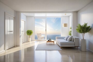 Fototapeta premium Modern White Room Interior with Open Door to Sky, Natural Light, Minimalist Design, Bright Atmosphere, Clean Lines, Spacious Feel, Contemporary Decor, Dreamy Ambiance