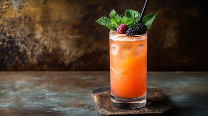 Refreshing iced cocktail with blackberries and mint sitting on bar