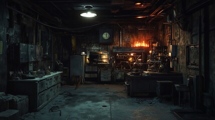 Abandoned and dusty laboratory room with old equipment, a single overhead light, and a dirty floor.