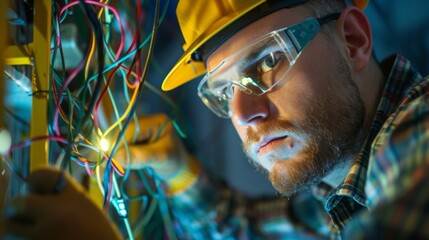 A technician working on electrical wiring in a dimly lit environment while ensuring safety using protective gear