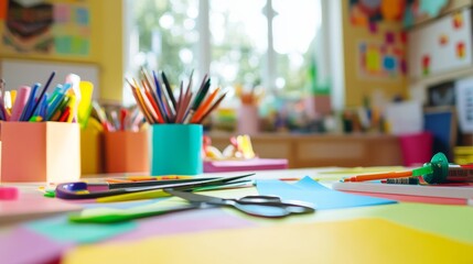 A creative arts and crafts table in a bright room, Scissors, glue