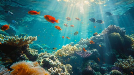 Naklejka premium Vibrant underwater coral reef teeming with colorful fish under sunlit waters in a tropical paradise