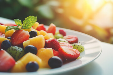 A plate of fruit salad on a white background. Healthy eating concept. Active lifestyle. Diet.