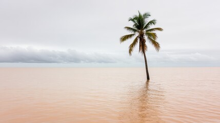 Fototapeta premium Lone palm tree standing in calm waters with a cloudy sky overhead.