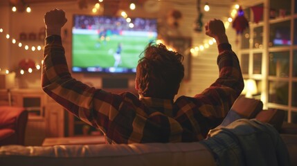 Obraz premium Excited fan celebrates a goal while watching a live football match in a warmly lit living room during the evening