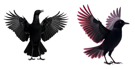 Dynamic Display of Black Birds with Vibrant Wing Feathers isolated on a white background