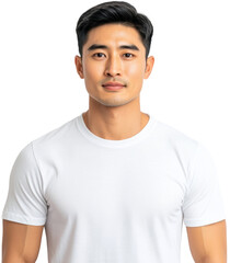 Portrait of a young Asian man in a simple white t shirt, neutral expression, against a black background.
