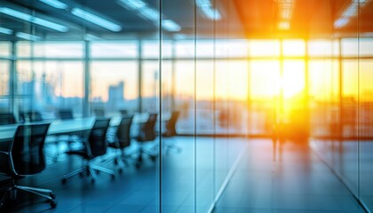 A modern office space with glass walls reflecting a vibrant sunset, creating a serene work environment.