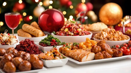Fototapeta premium A festive spread of Christmas dishes and treats, showcasing a colorful array of food against a cheerful holiday backdrop.