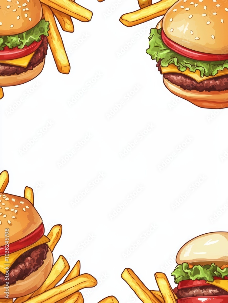 Poster Colorful burgers and golden fries are artistically arranged, creating a playful border with an empty center for custom text or branding. Generative AI