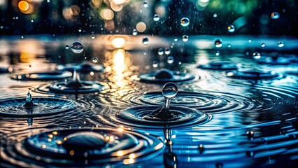 Realistic Rain Drops on Clear Surface, Low Light Photography, Captivating Water Droplets, Nature's Beauty, Atmospheric Mood, High-Quality Rain Effects, Soft Focus Rainy Scene