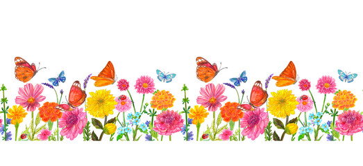 seamless border with garden field of colorful flowers with butterflies and ladybugs isolated on white background. watercolour painting