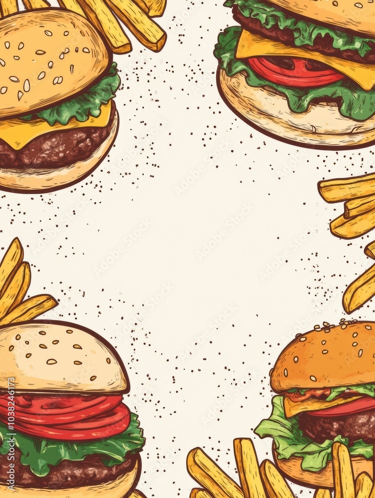 Poster Vivid illustrations of appetizing burgers and crispy fries frame an open space, ideal for adding engaging text or a menu highlight. Generative AI