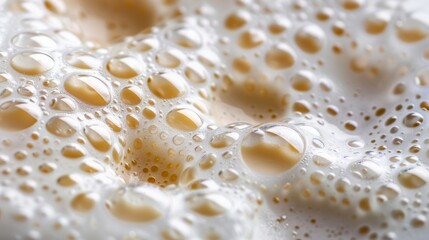 Bubbles form and rise in a creamy beverage, showcasing intricate textures, at a close-up during afternoon coffee break
