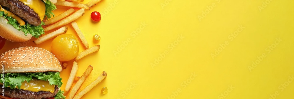 Poster Colorful burgers and crispy fries fill the edges of a vibrant yellow backdrop, perfect for adding your own unique message or promotion. Generative AI