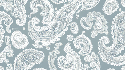 Seamless pattern of white paisley designs on a light blue background.