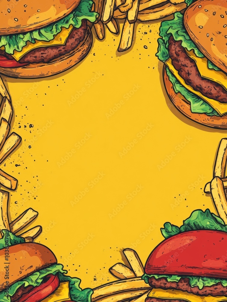 Poster colorful burgers and crispy fries frame an empty area, inviting creative text placement for food-rel