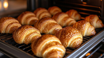 Freshly baked croissants in the oven.