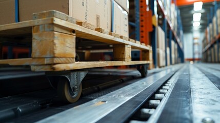 Naklejka premium Wooden pallet with boxes on rolling tracks in a busy warehouse during the day