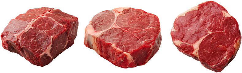Obraz premium Prime Cuts, Three succulent, raw beef steaks, ready for grilling. Exquisite marbling
