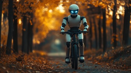 Happy humanoid robot rides a bicycle along the autumn alley. Robotic object experiences feelings and emotions. Concept of technology development in the form of artificial intelligence.