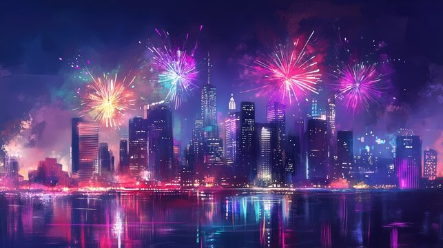 Feuerwerk &uuml;ber einer farbenpr&auml;chtigen Skyline