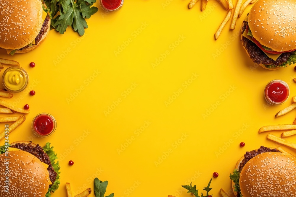 Poster Bright burgers and crispy fries are arranged around a vibrant yellow center, perfect for adding your custom text or message. Generative AI
