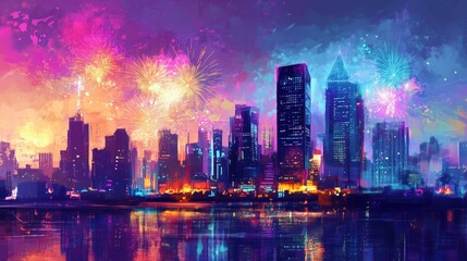 Fototapeta premium Feuerwerk über einer farbenprächtigen Skyline