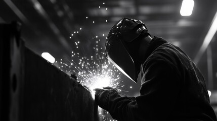 A welder works on a metal structure, sparks fly from the welding torch.