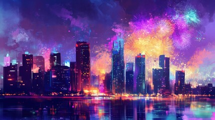 Obraz premium Feuerwerk über einer farbenprächtigen Skyline