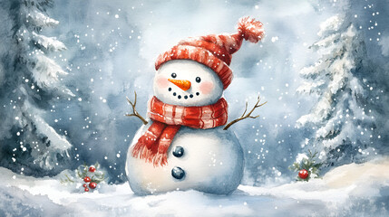 Fototapeta premium Aquarelle Illustration of a Snowman with a Scarf and Hat, Whimsical Winter Art, Perfect for Kids and Christmas Designs
