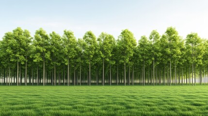 Obraz premium Lush green trees in a serene landscape under a clear blue sky.