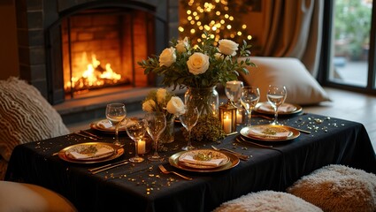Elegant New Years Eve indoor picnic by a cozy fireplace