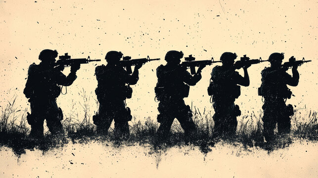 Silhouettes of four soldiers aiming their rifles against a textured background.