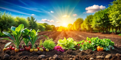 A Vibrant Field of Freshly Planted Produce Under a Clear Blue Sky with a Warm Glow of Sunset