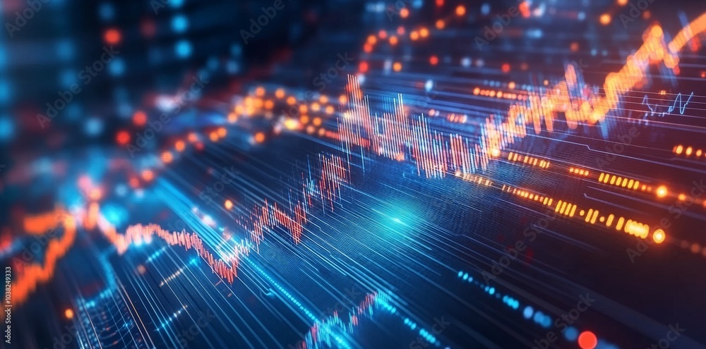Poster abstract digital data visualization with glowing lines and bokeh lights