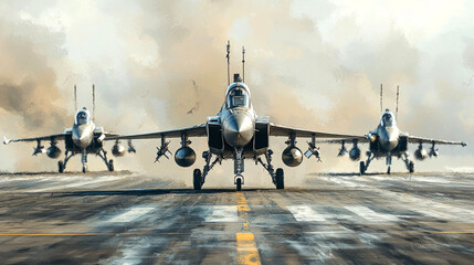 Obraz premium Three fighter jets lined up on a runway, ready for takeoff.