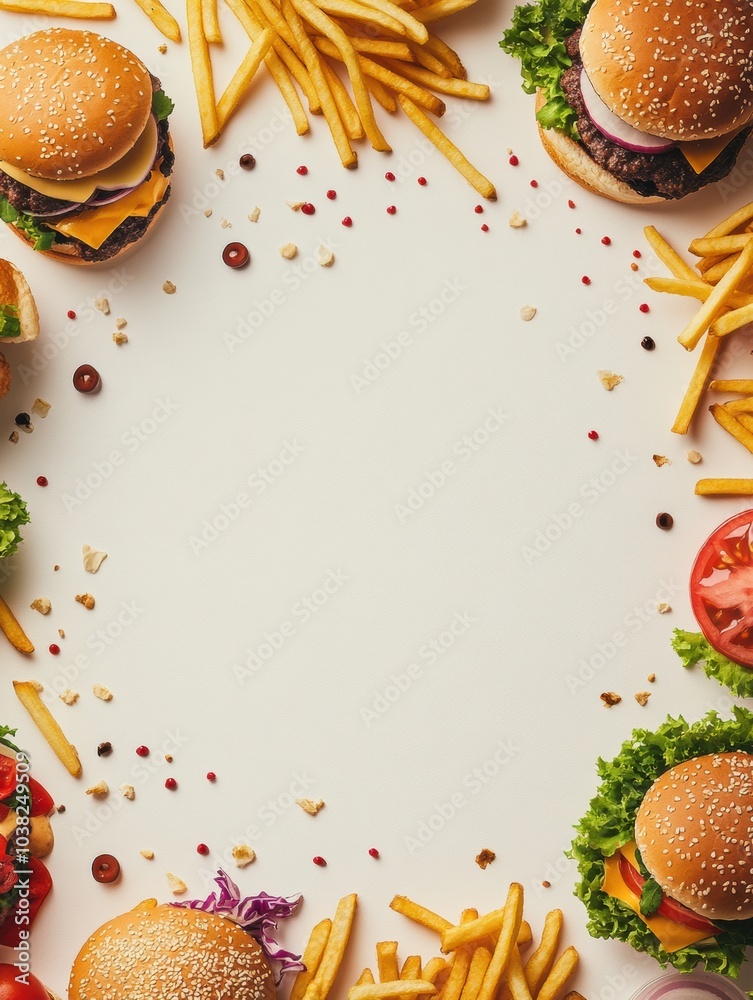 Poster Brightly colored burgers and crispy fries surround a central space, inviting text or decoration in a playful and appetizing layout. Generative AI