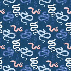 Cute snakes seamless pattern. Dark blue reptiles continuous background print. Animal surface pattern design. Vector hand drawn flat illustration.