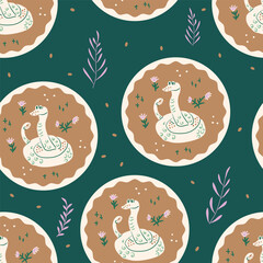Seamless pattern with stylized snakes in circular frames, surrounded by leaves and flowers on dark green background. Vector hand drawn illustration.