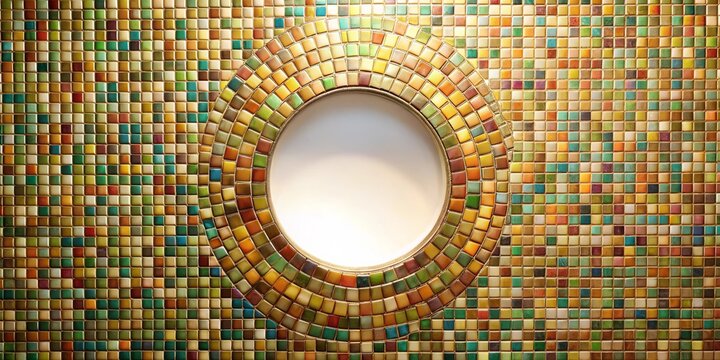 A circular mosaic frame crafted from a variety of colored tiles, with a central blank space