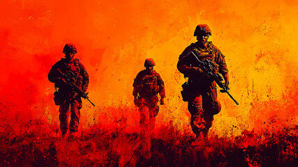 Fototapeta premium Three soldiers in camouflage uniforms with rifles walking through a fiery orange battlefield.