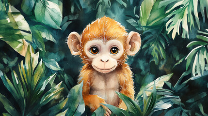 Obraz premium Aquarelle Illustration of a Monkey in the Jungle, Fun Animal Art, Perfect for Kids and Outdoor-Themed Designs
