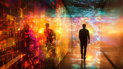 A figure walking through a glowing doorway into an abstract world filled with patterns and light