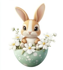 Cute rabbit sitting in a pastel egg surrounded by white flowers during spring celebration