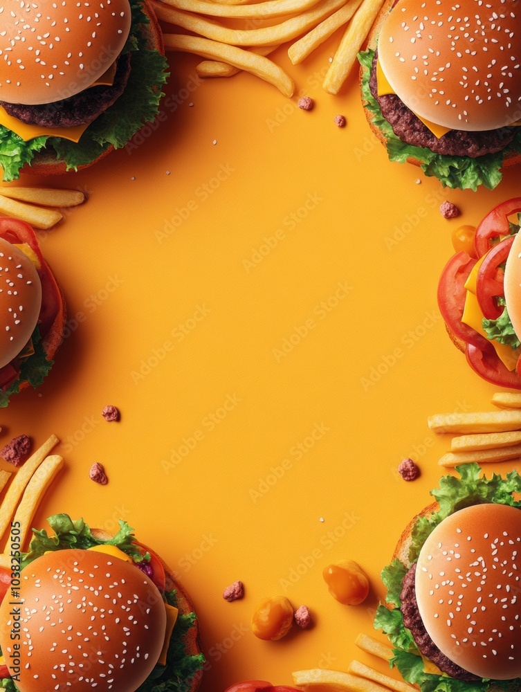 Poster brightly colored burgers and crispy fries are artfully arranged around empty space, inviting creativ